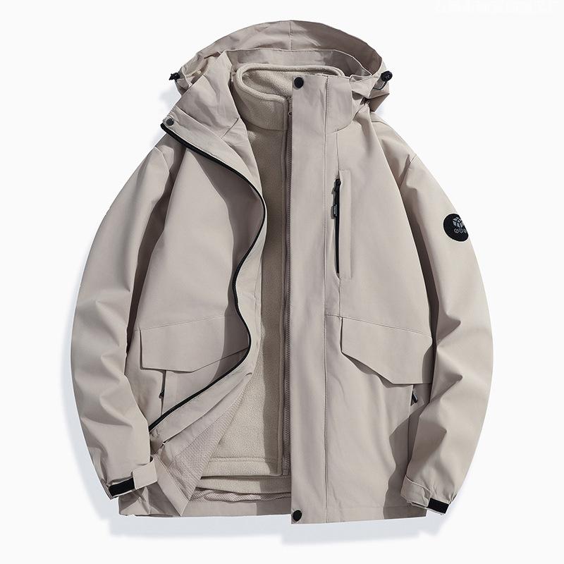 

Осень и Зима Модная Уличная Бархатная Утепленная Куртка Три-в-одном с Капюшоном Однотонная Простая Съемная 4XL