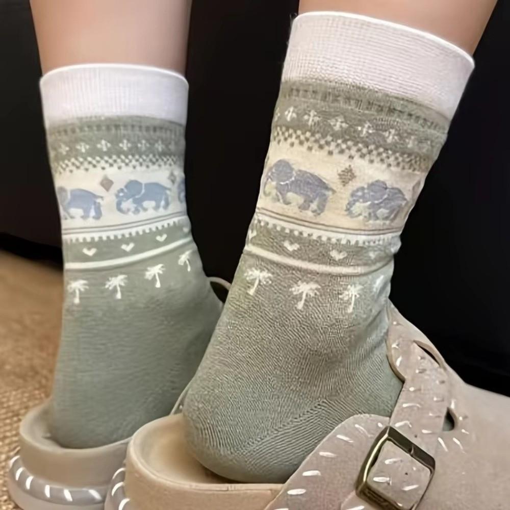 5 Pairs Breathable Mid Tube Socks Retro Knit Cartoon Animal Socks Women Stockings  Daily Wear
