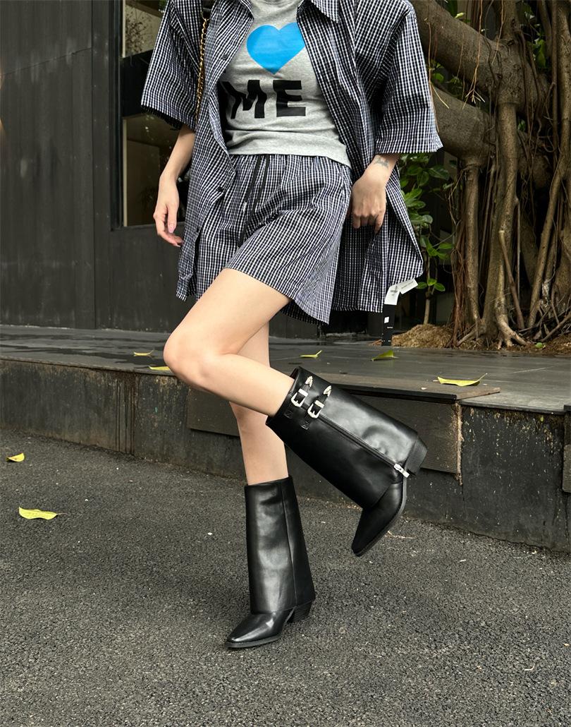 

2025 осенний темперамент заостренный ремень с пряжкой толстый каблук модные ботильоны женские новые ботинки-трубы для брюк на молнии сбоку ботильоны на среднем каблуке 39 чёрный