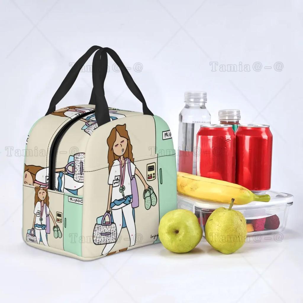 Cartoon Ladies Nurse Printed Lunch Bag for Women No Paro De Doblar Enfermera En Apuros Insulated Cooler Oxford Food Tote Bags