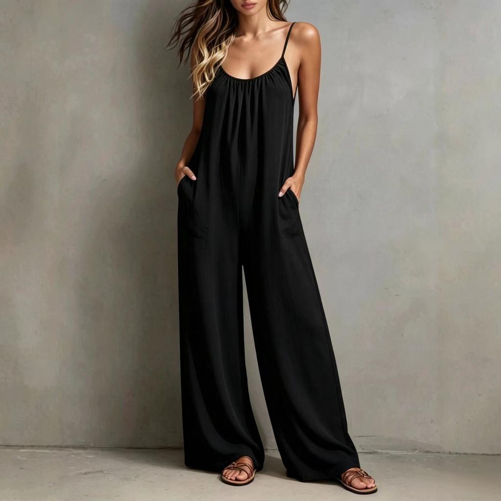 2026 Spring and Summer New European and American Cross-border Women's Clothing Casual Loose Wide-leg with Pockets Seaside Vacation Style Jumpsuit
