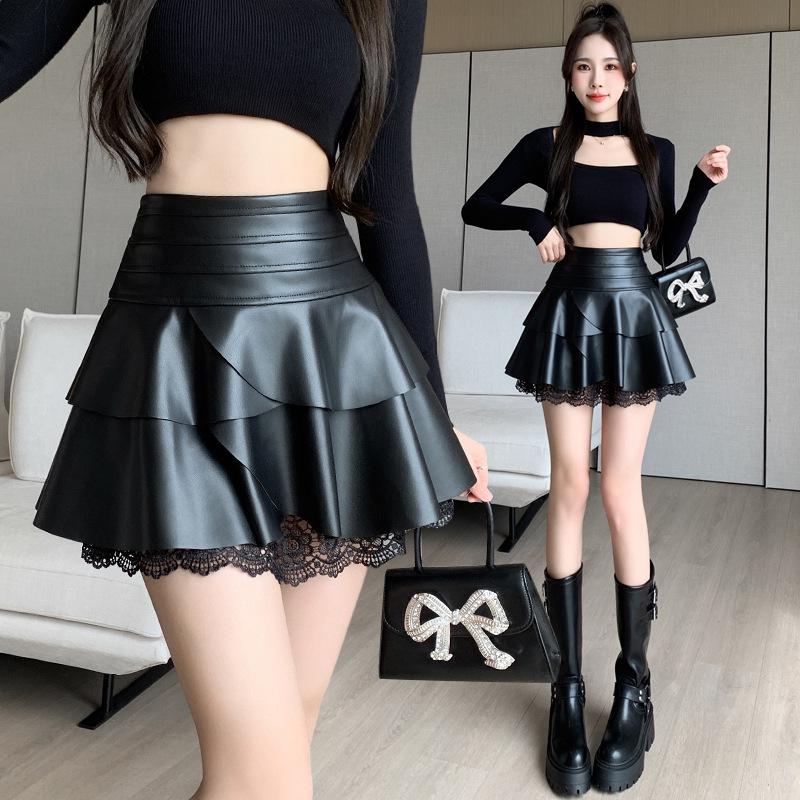 Trendy Layered PU Leather Mini Skirt - Women's High Waist Slimming A-line Skirt for Autumn/Winter 2026, New Korean Style.