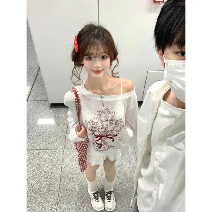 

Кардиган-футболка на одно плечо с граффити – Женский свободный топ для защиты от солнца на весну/лето (2025) L белый