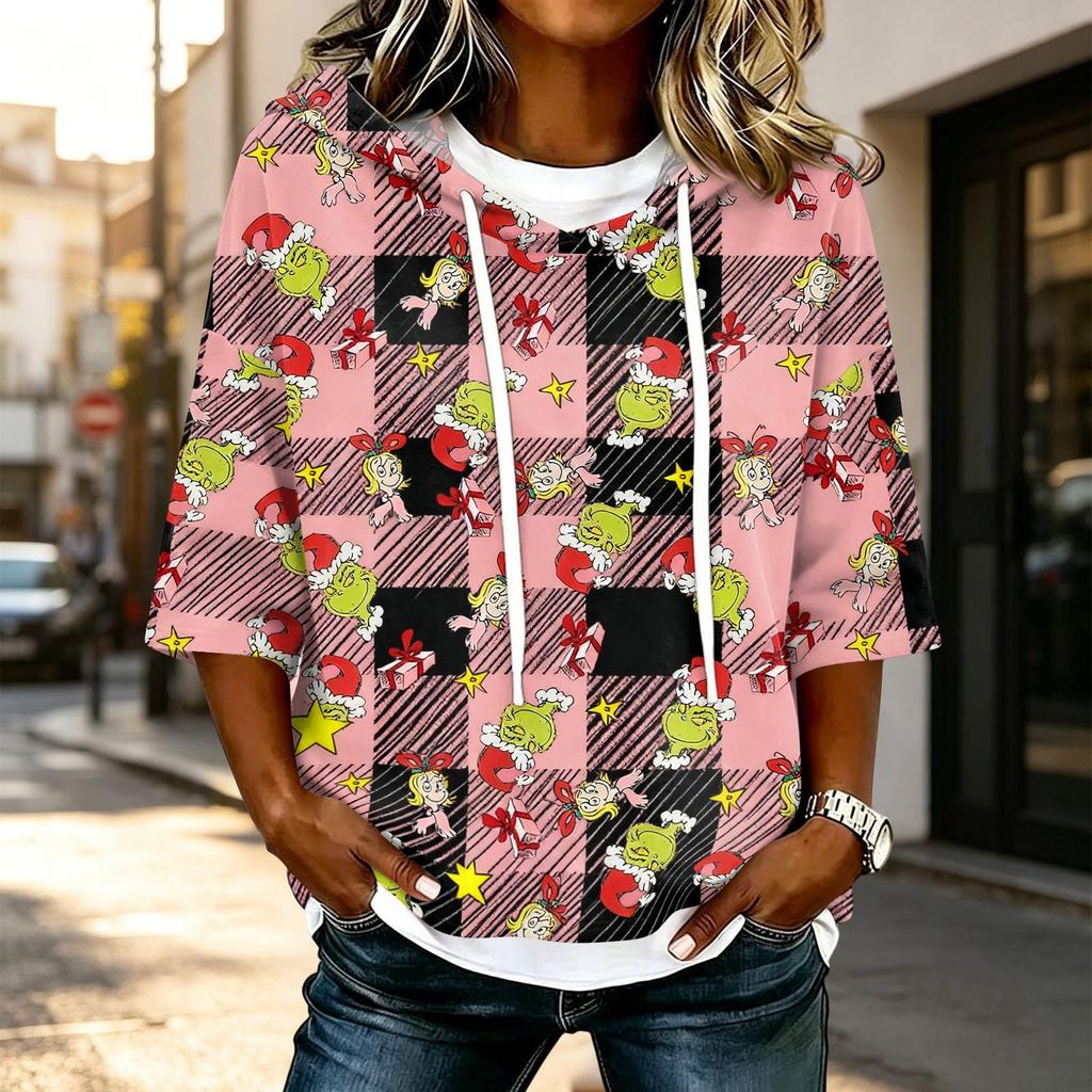 Women's Casual 3/4 Sleeve Christmas Print Hooded T-Shirt Top