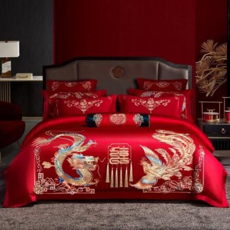 New Chinese style big red embroidery wedding quilt cover polished wedding room bedding wedding four-piece multi-piece set