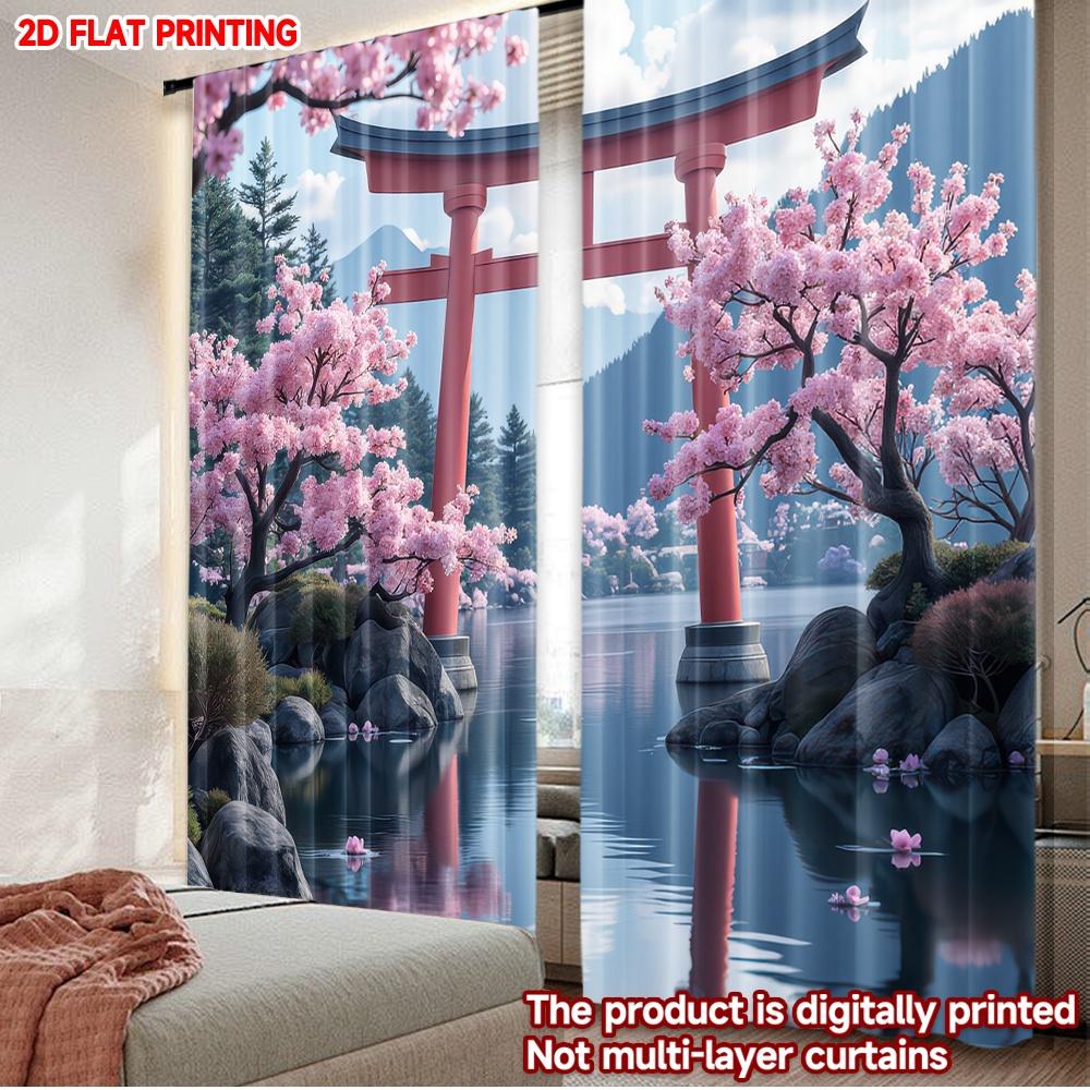 

Set Of 2 Flat Printing Christmas Curtains Spring Cherry Blossom Lake Scopic Stylish Polyester Fiber Holiday Decorations Curtain W100*H70(CM)-Rod Pocket&1PCS