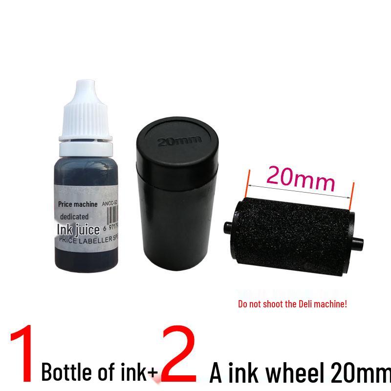 Einreihiges Preisschild-Set: Tintenpistole, 5500 Etiketten, Farbwalze und Zubehör.