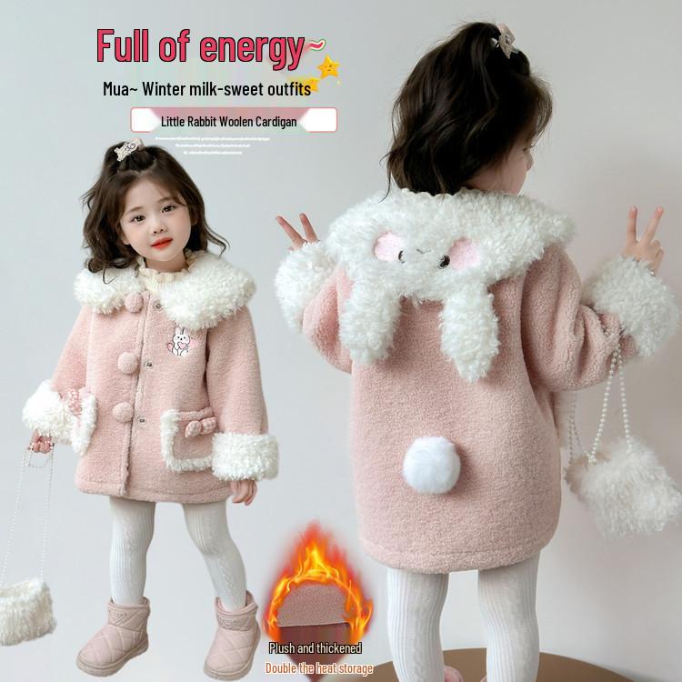 Mädchen Wintermantel im koreanischen Stil mit rosa Hasenohren und flauschigem Futter