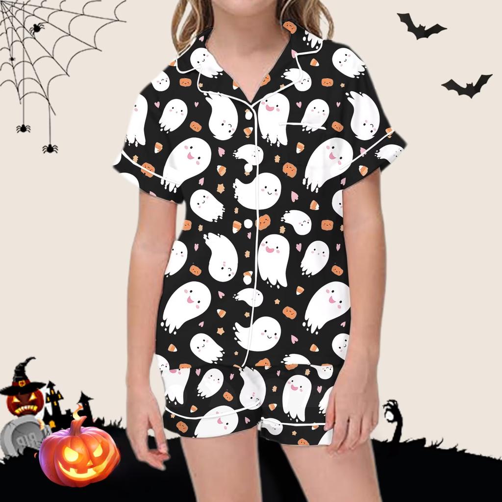 Kids Halloween Print Short Sleeve Pajama Set with Lapel Collar Top and Matching Shorts