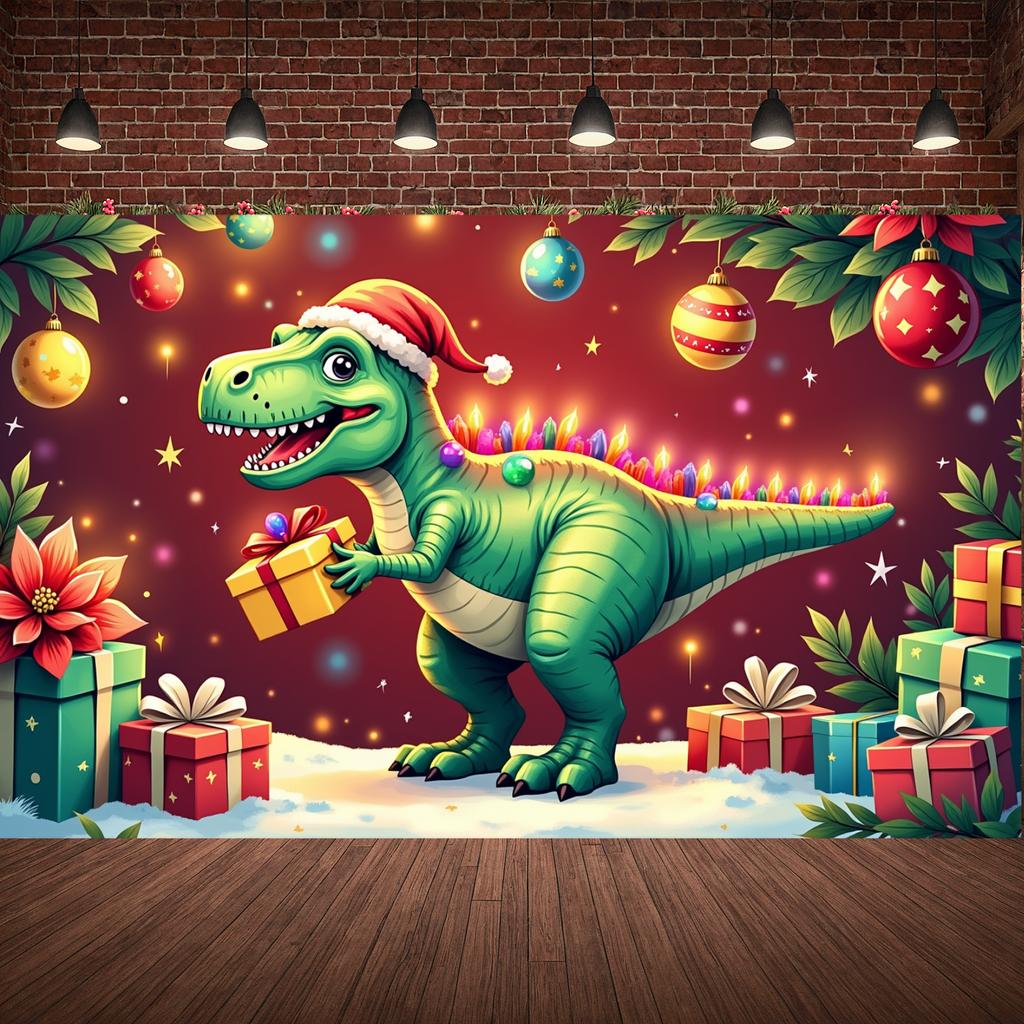 Festive Dino Display Holiday Decor Xmas Gift Backdrop Winter Dino Background Green Dinosaur Gifted Dino Display For Photo Shoot