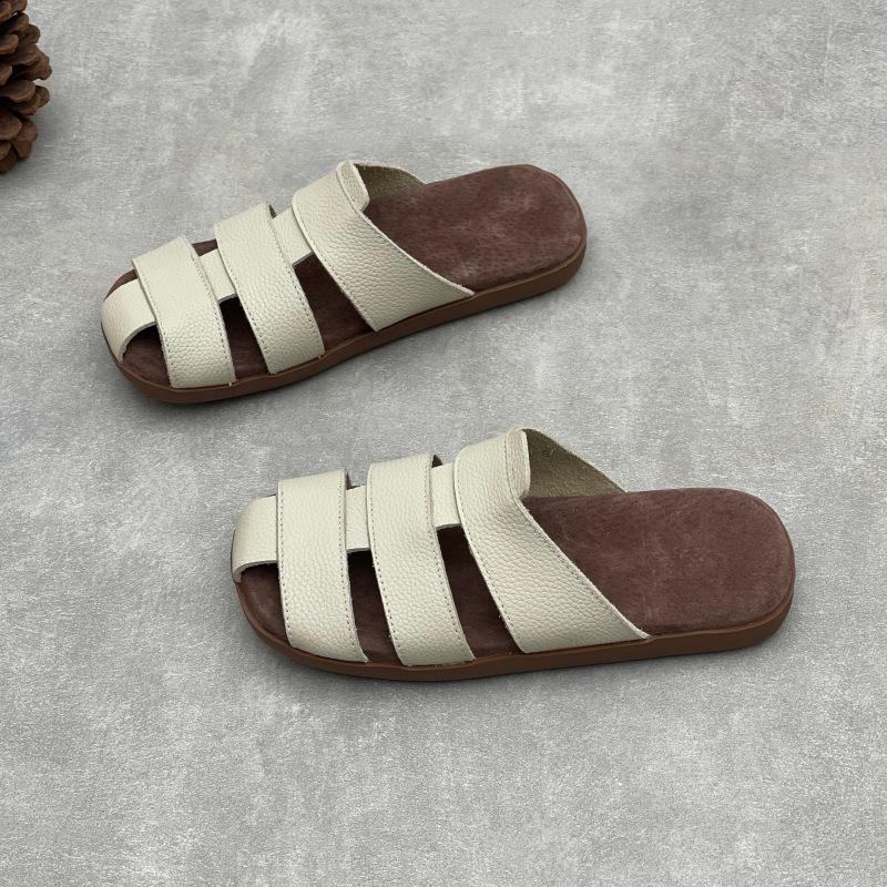 Johnature Genuine Leather Flat Slippers Weaving Hollow-out Breathable Casual Women's Slip-on Shoes