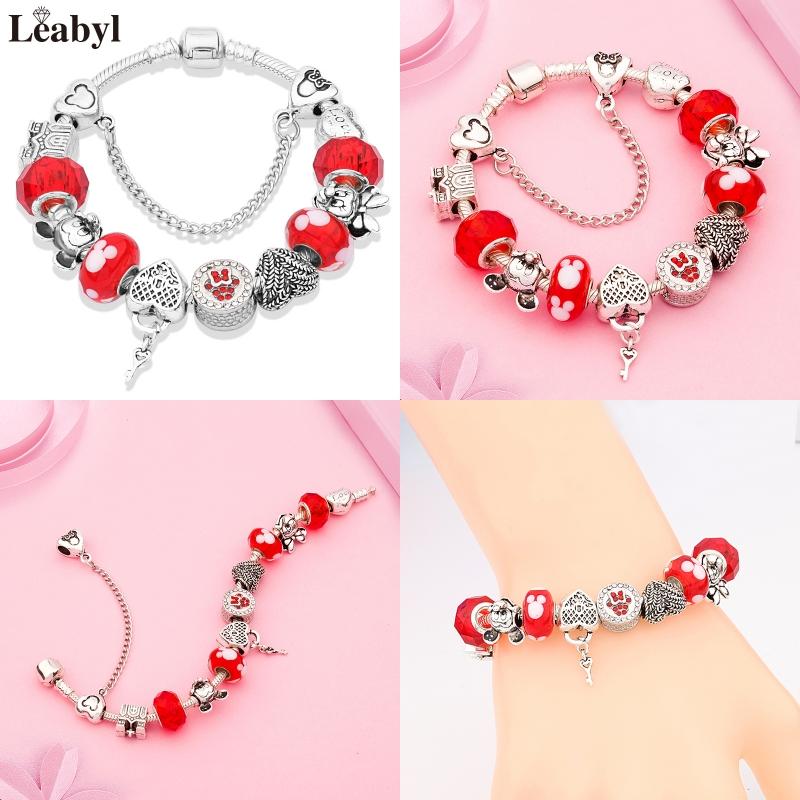 Potdemiel Pink Enamel Crystal Minnie Charm Bracelets Silver Color Heart Cartoon Bead Jewelry for Women Girl Gift