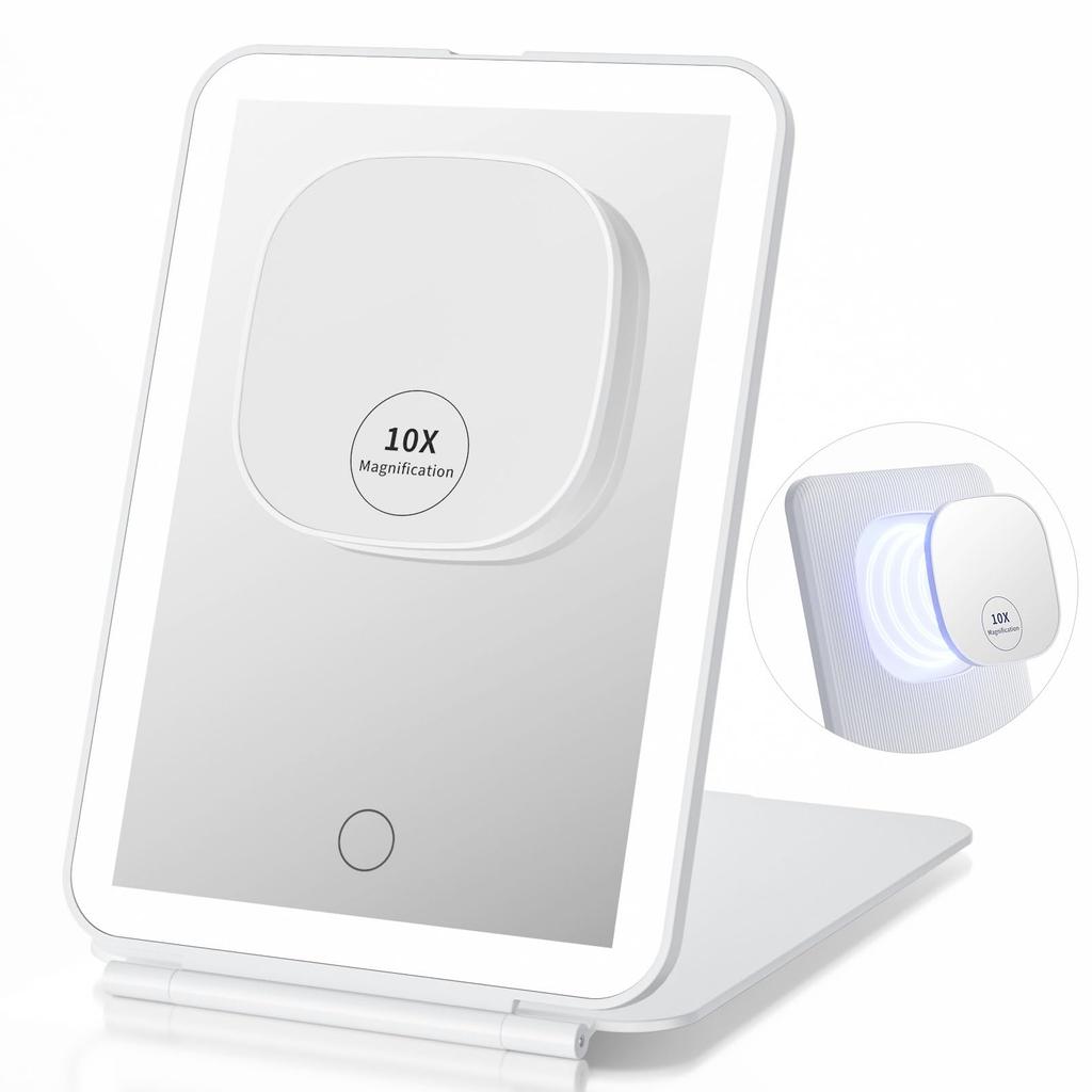 Beautifive LED Actress Folding Tabletop Makeup 10x Magnetic Travel 3 Light Prevents You from Forgetting to Turn Stepless USB Adjustable Angle Mirror,