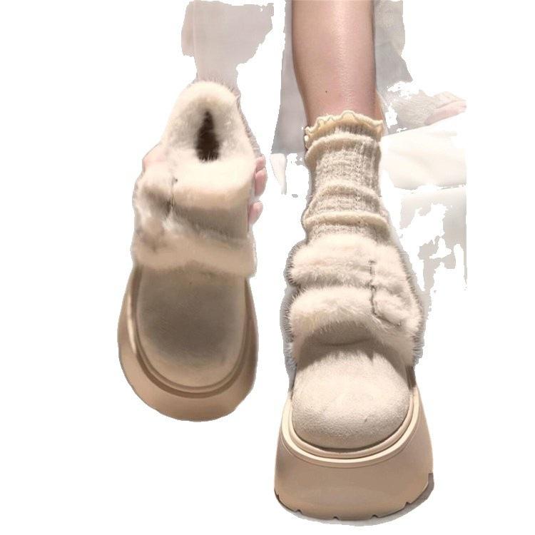 White muffin platform snow boots winter new small height increase velvet warm Birkenstock cotton shoes