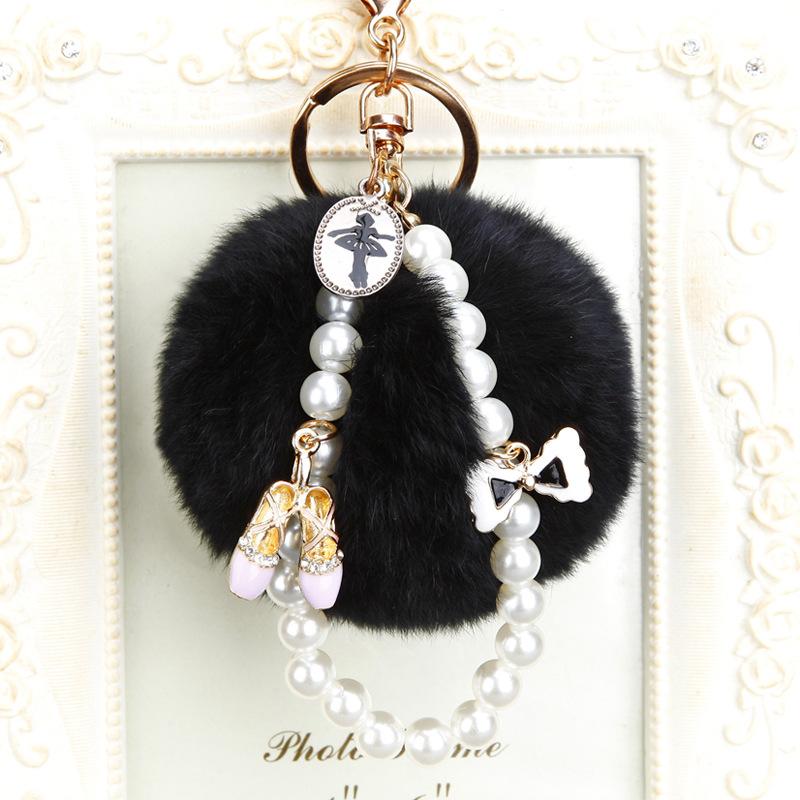 Fashion Pompom Keychain Number 5 Faux Fluffy Crystal Bottle Bow Pearl Chain Women handBag Car Key Chain Ring Keychains Jewelry