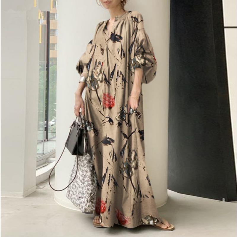 Printed V-neck Simple Loose Casual Long Plus Size Dress