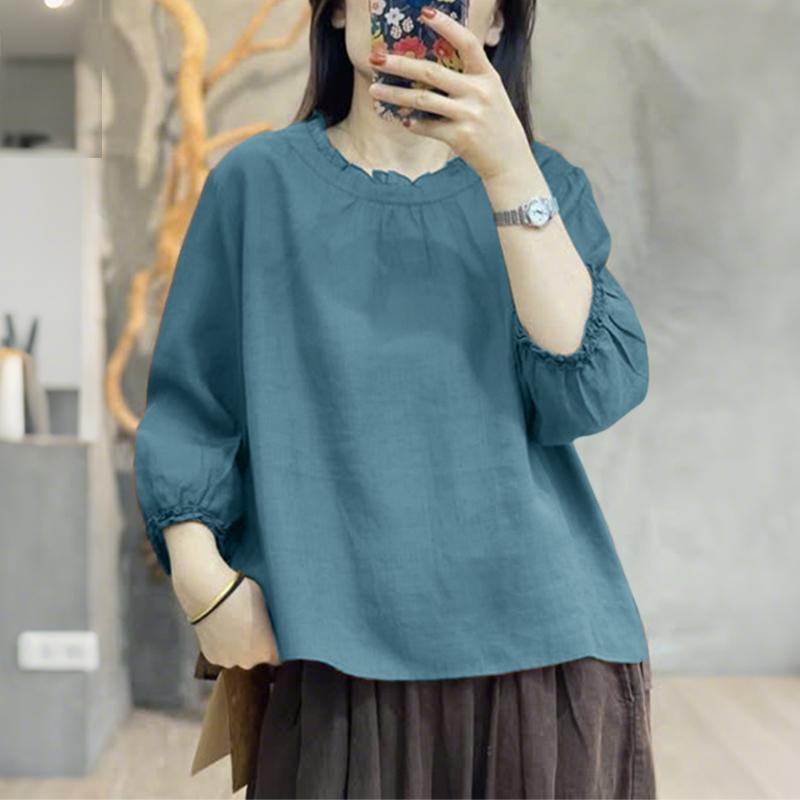 

ZANZEA Женская повседневная блузка с круглым вырезом, свободного кроя, с рукавами 3/4, летняя 5XL синий