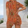 Women Plus Size Printed V Neck Short Sleeve Button Front Romper Fitted Short Length