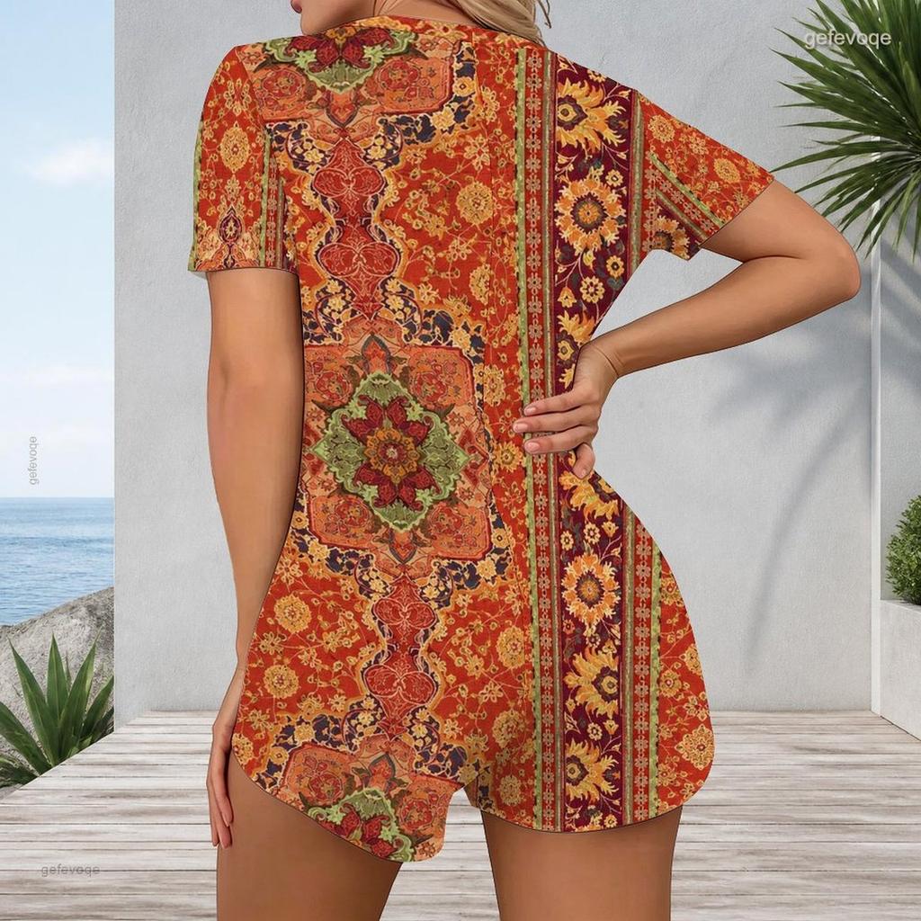 Women Plus Size Printed V Neck Short Sleeve Button Front Romper Fitted Short Length