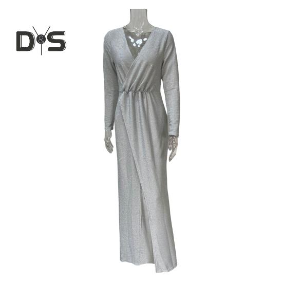 Abendkleid für Damen, tiefer V-Ausschnitt, Pailletten-Dekor, lange Ärmel, elastische Taille, plissiert, geteilter Saum, einfarbig, formelle Anlässe, Hochzeit, Party, Abschlussball, Maxikleid