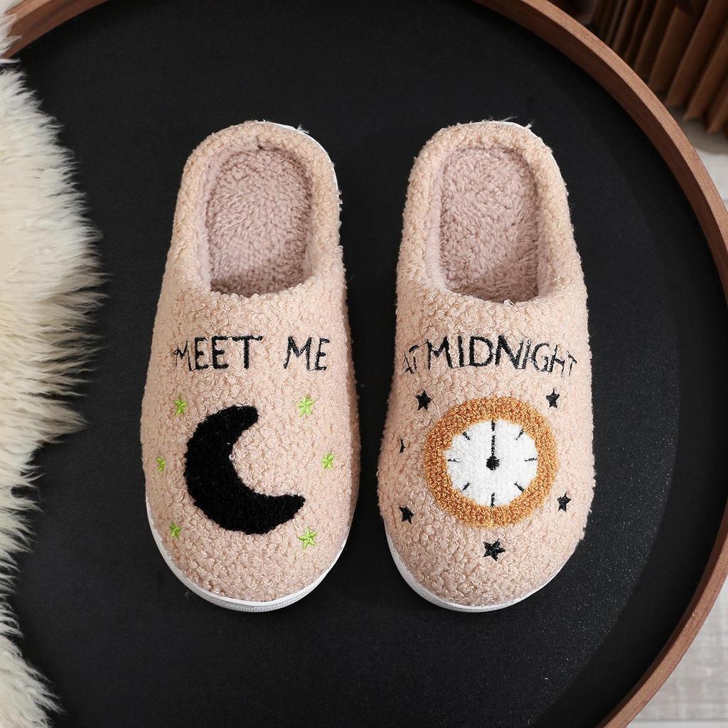 Women's Winter Cute Cartoon Smiley Face Cotton Slippers - Plus Size, Moon Clock Design.