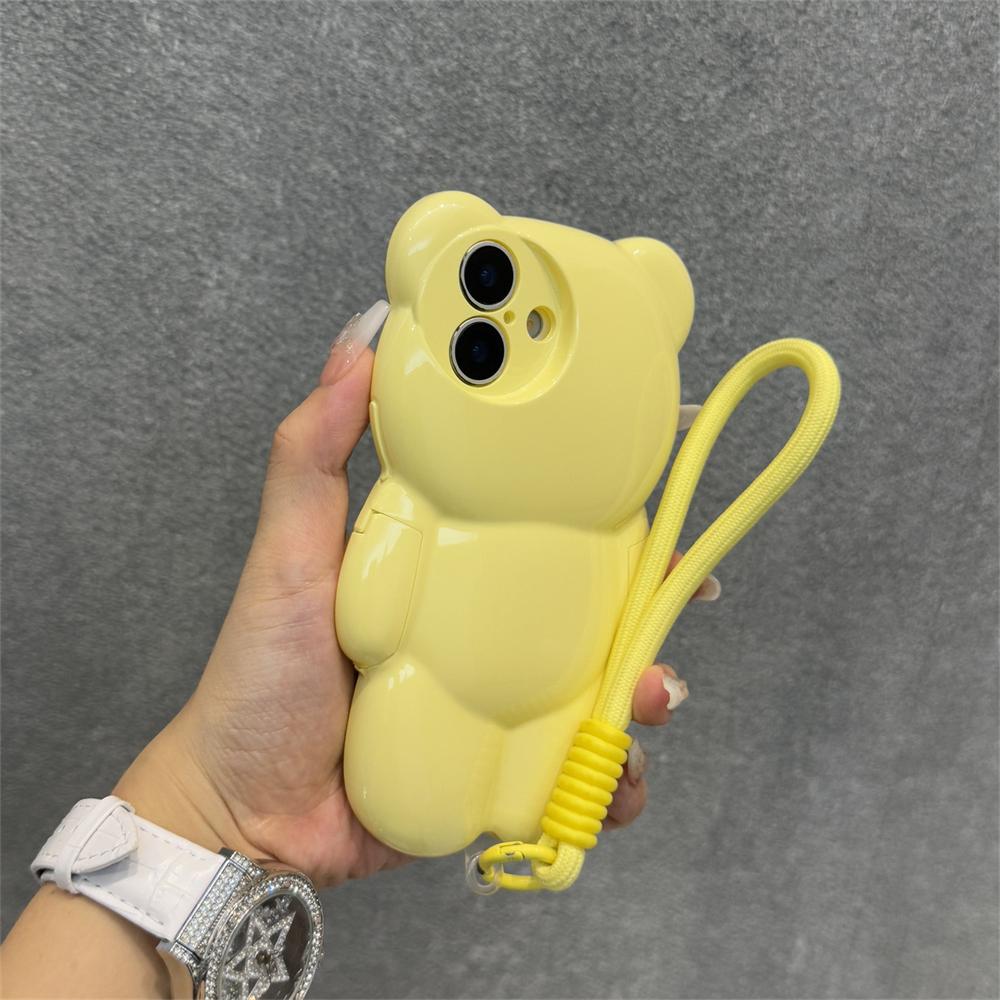 3D Cartoon Bear Wrist Chain Lanyard Phone Case for iPhone 16 15 14 13 12 11 Pro Max Plus Lovely Sweet Silicone Shockproof Cover
