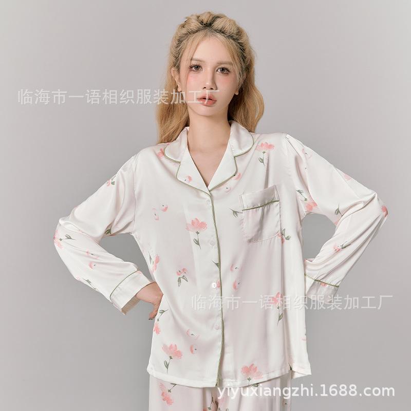 New Peony Double Long Hair Ring Lapel Pajamas Women's Douyin Internet Celebrity Hot Casual Comfortable Loungewear Set