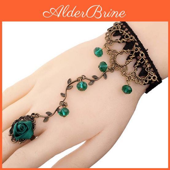 Vintage Women Lace Hand Flower Harness Bracelet Slave Chain Link Finger Ring