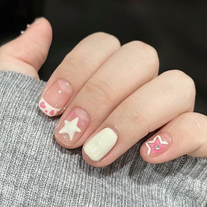 

Милые молочно-белые накладные ногти короткой длины с мультяшным дизайном звезд Gold-plated Sealant Glue Kit