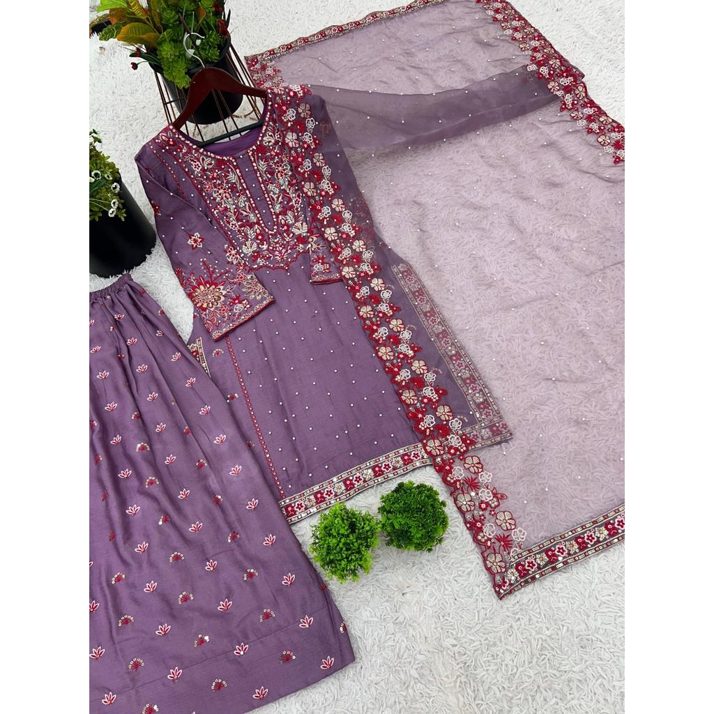 Heavy Chinon Silk Pakistani Palazzo Suit Indian Bollywood Designer Salwar Kameez