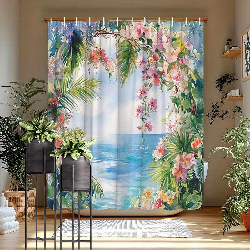 Tropical Beach Shower Curtain - Vibrant Floral & Ocean Scene, Polyester, Washable & Durable, Tropical Bathroom Decor