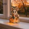 Warm Glow Decoration Light Halloween Lighted Patchwork Ghost Figurine, Light-Up Bow with Pumpkin Vintage Figurine Lantern, Ghosts Lamp for Holiday