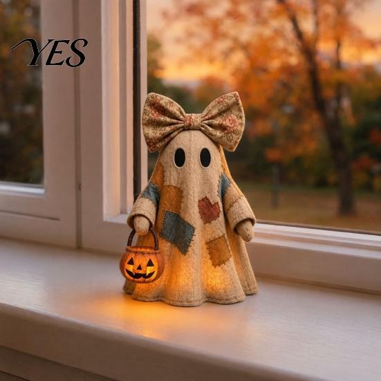 Warm Glow Decoration Light Halloween Lighted Patchwork Ghost Figurine, Light-Up Bow with Pumpkin Vintage Figurine Lantern, Ghosts Lamp for Holiday