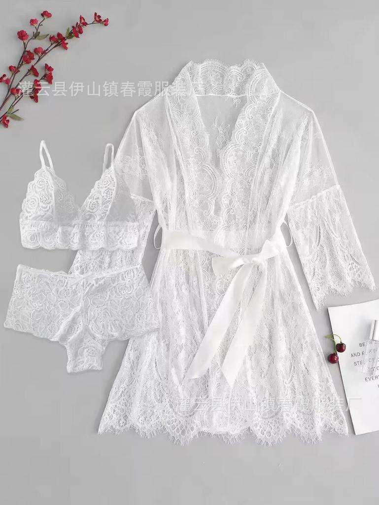 Thin see-through erotic lingerie ribbon tunic kimono dressing gown lace sexy cardigan long skirt female summer