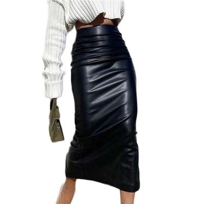 Femmes Faux cuir jupe Midi taille haute hanche enveloppé couleur unie jupe longue mince
