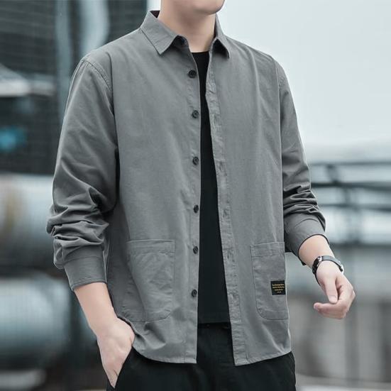 Men Autumn Shirt Double Pockets Solid Color Long Sleeves Turn-down Collar Loose Warm Single-breasted Casual Korean Style Autumn Tops for Daily Wear