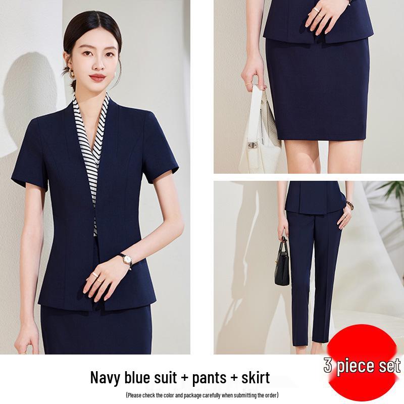 Chic Black Short-Sleeved Collarless Suit Set: Professional Workwear for Sophisticated Women