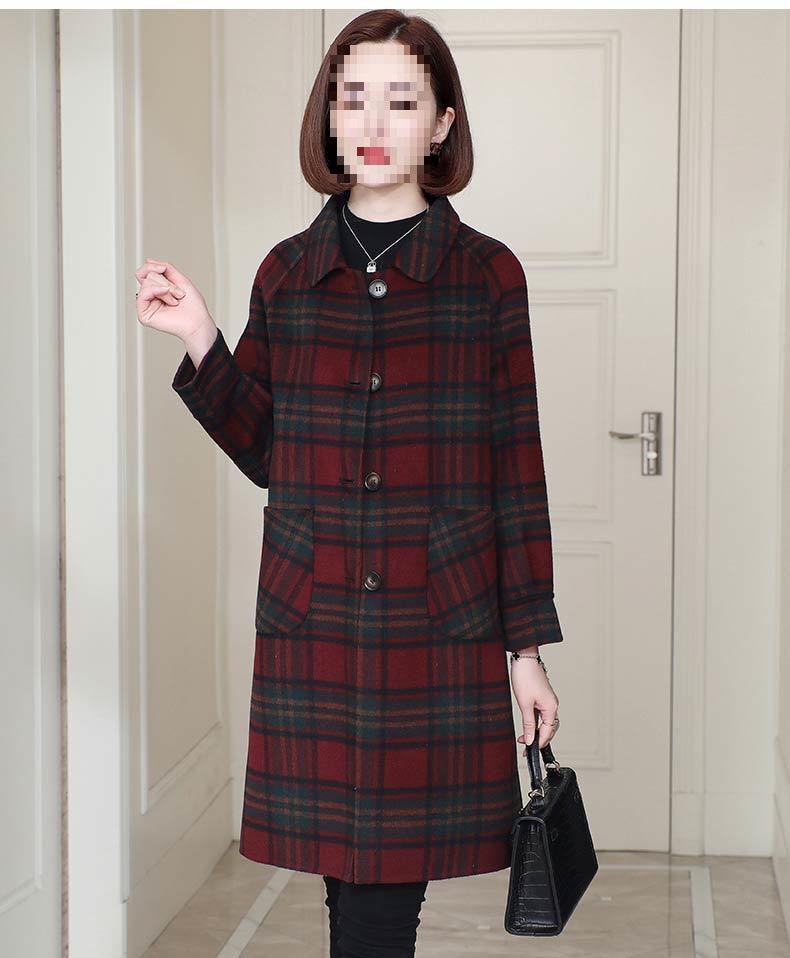 Women's Red Plaid Wool Coat - Korean Style, Autumn/Winter 2025, Double-Sided for Middle-Aged and Elderly