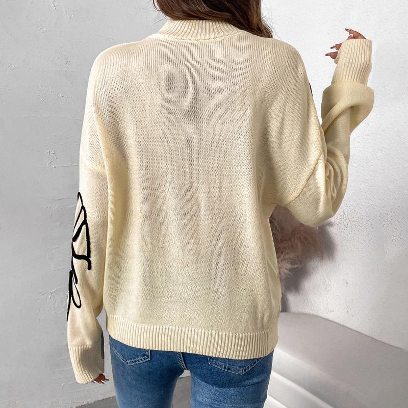 2026 European & American High Neck Floral Long Sleeve Sweater for Women - Autumn & Winter Fashion