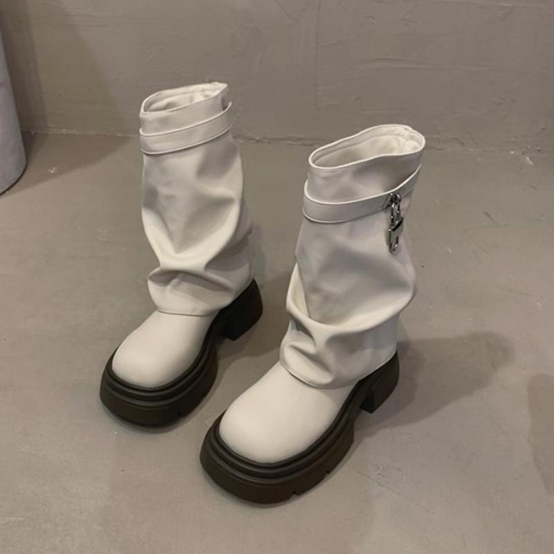 Fashion Platform Leather Round Toe Women's Half High Boots Spring Autumn Trend 2025 Designer Luxury Ladies Mid Calf Shoes On Promotion