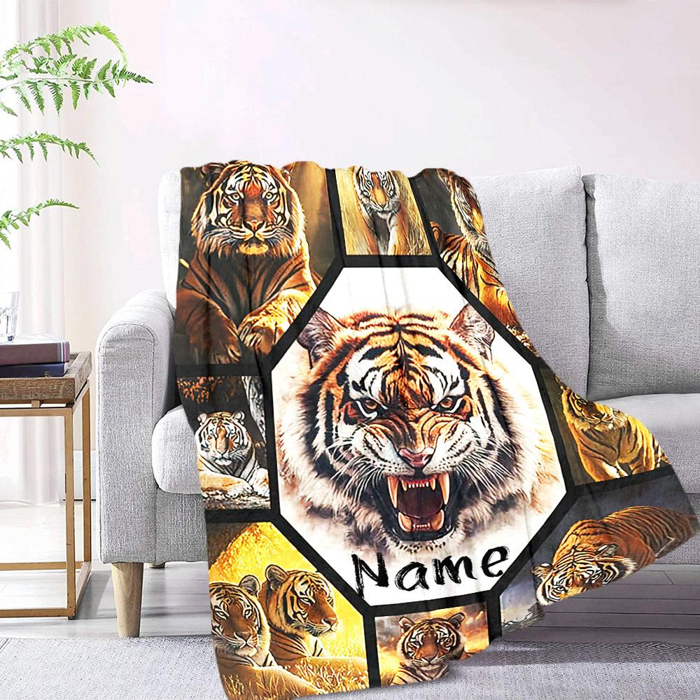 Home Customize Your Name Blankets Tiger Collage Design Comfortable Soft Lightweight Allseason Multipurpose Blanket For Picnics Sofas Offices Beds