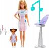 Barbie Doll Dentist Set with a Blonde Doll In a Doctor's Coat Print Dress, a Small Patient Doll, and a Dentist's