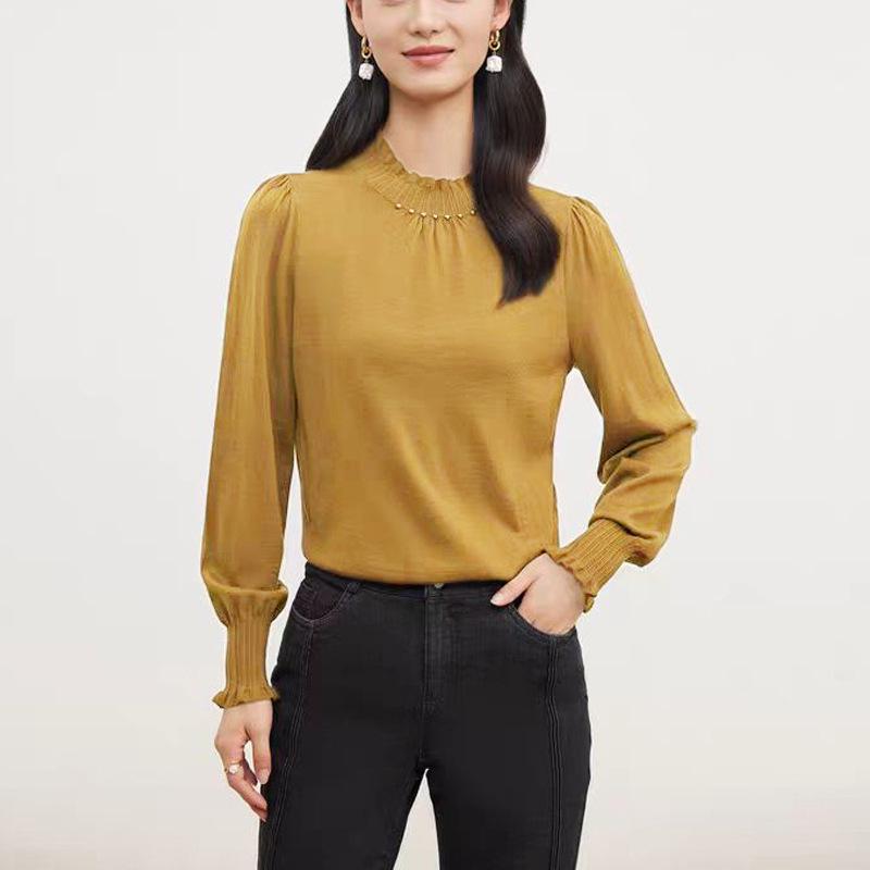 Elegant 2024 Autumn Women's Long Sleeve Wool Sweater - 100% Fine Wool Base Layer