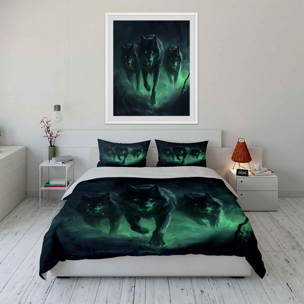 Three Wolves With Green Glow Duvet Cover Set With 3D Printing Design Soft Polyester Bedding Set All-Season Comfort For Gifts