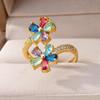 Colored Zircon Double Flower Rings For Women Gold Plated Stainless Steel Flower Opening Ring Wedding Aesthetic Jewelry Gift