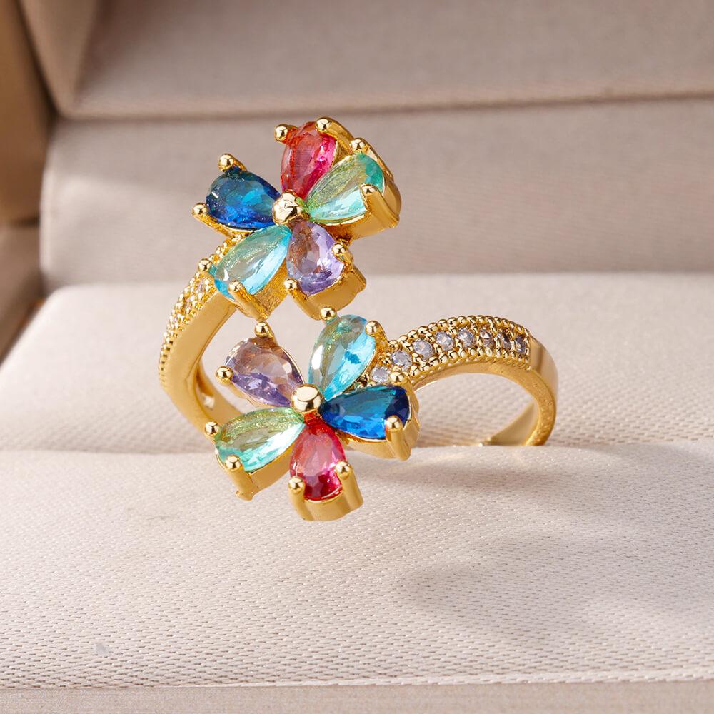 Colored Zircon Double Flower Rings For Women Gold Plated Stainless Steel Flower Opening Ring Wedding Aesthetic Jewelry Gift