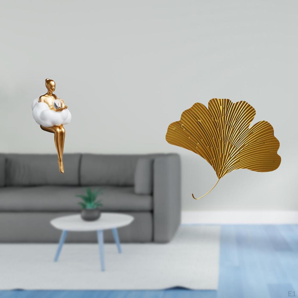 Artful Resin Girl Figurine And Wrought Iron Ginkgo Leaves Abstract Wall Sculpture for Office Living