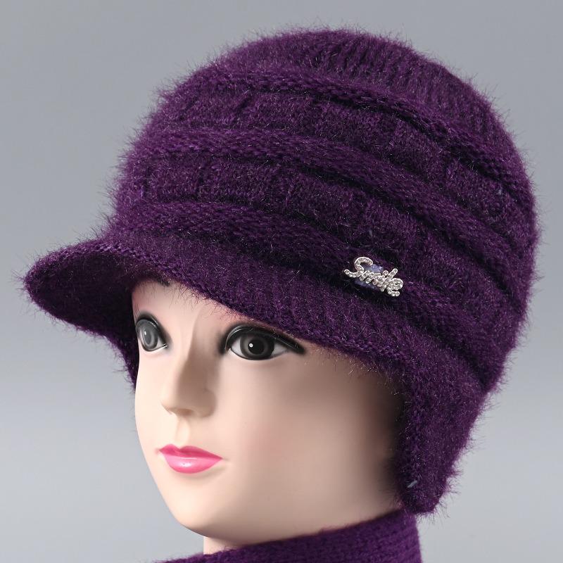 Winter Hat Female Old Lady Knitted Wool Hat Piled Thickened Warm and Cold Ear Hat
