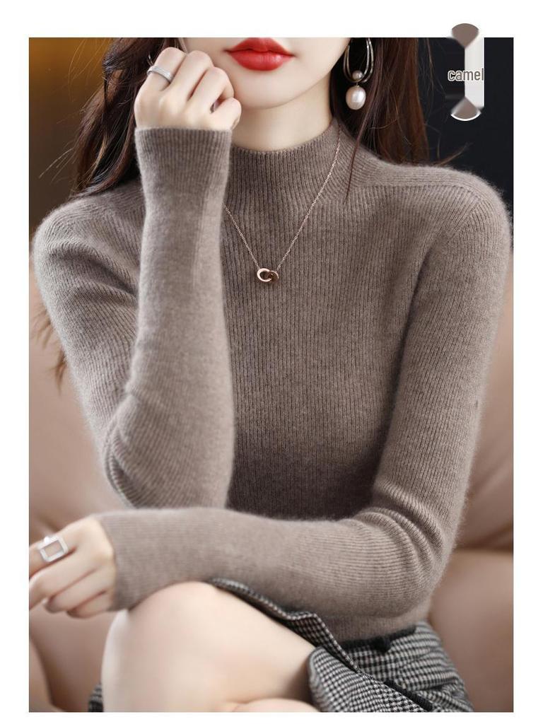 Damski sweter z wysokim dekoltem, dopasowany, z imitacji wełny - rozciągliwa dzianina, warstwa bazowa na jesień/zimę