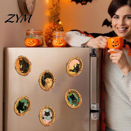 Magnetic Halloween Decorations 1/6Pcs Oval Frame Fridge Magnet, Wooden Vintage Retro Magnet Decor Refrigerator Kitchen Decoration Accessories,